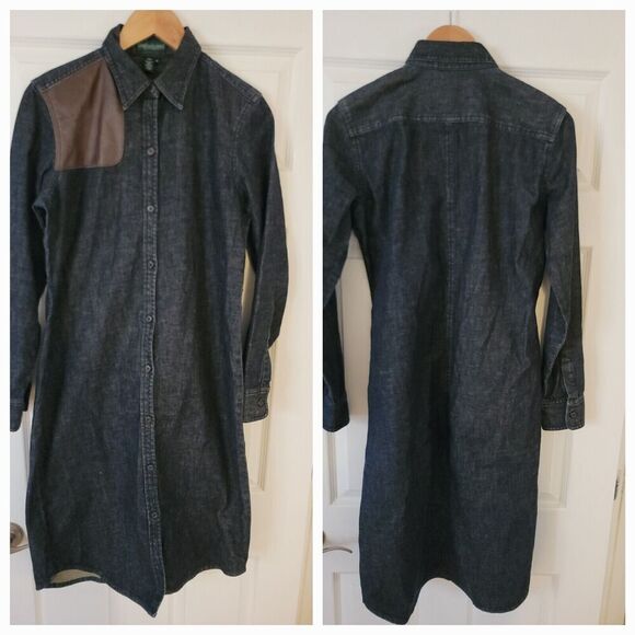 Lauren Jeans Co Denim Leather Patch Shirt Dress Womens Sz M Western Rodeo Dark - Picture 1 of 8